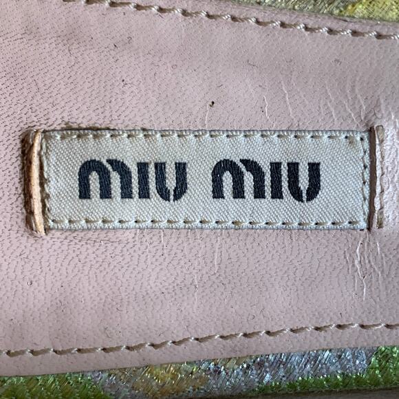 MIU MIU Size 8.5 Green Silver Paisley Textured Pointed Toe Bow Flats - Picture 7 of 8